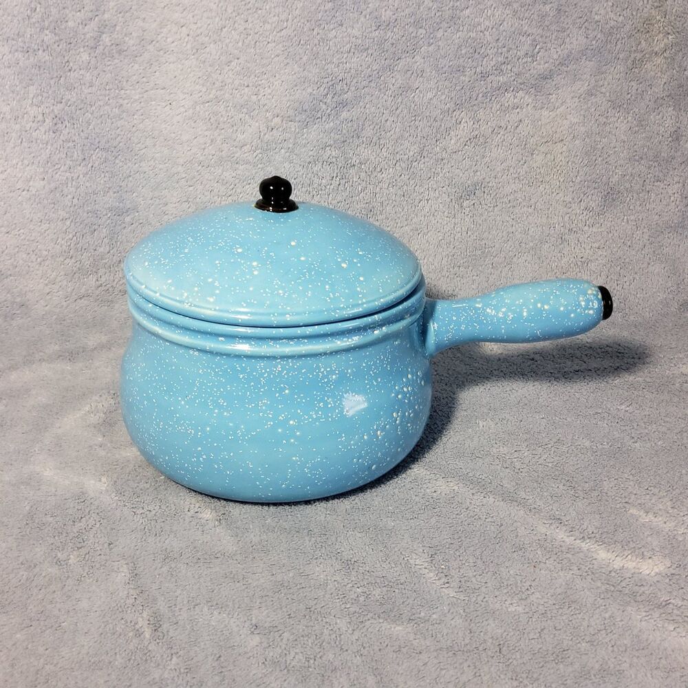 Vintage Blue Ceramic Speckled Saucepan Pot Country Cottagecore **Cracked Lid**